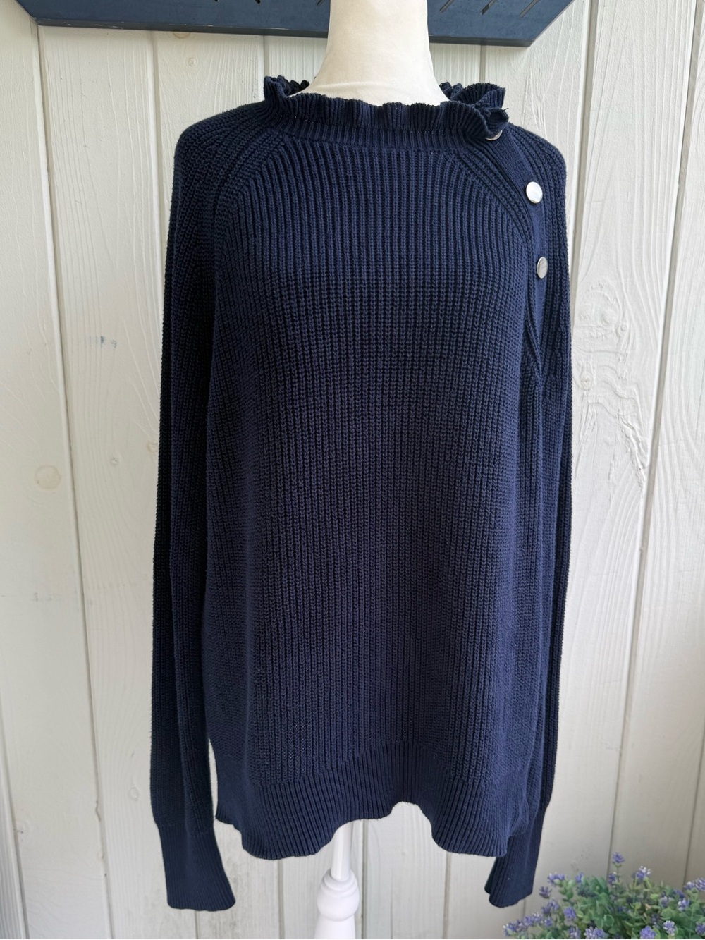 LOFT Navy Ribbed Crew Sweater with Ruffle Neck & Button Detail